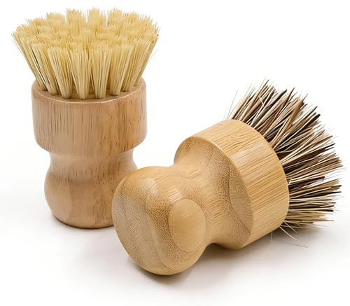 Mritrit 2 spazzole per piatti in legno, rotonde, con manico, spazzola per piatti, per pentole, verdure, funghi e patate, con setole naturali, per cucina, 8 x 4 cm