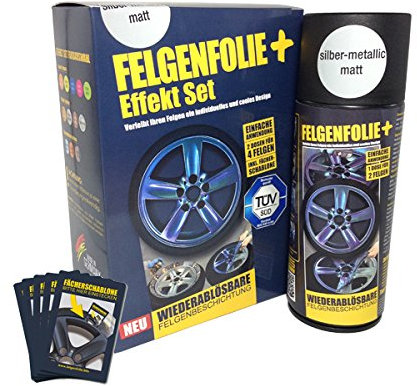 mibenco 71000027 FELGENFOLIE+ Effekt Set, 2 x 400 ml, Silber-Metallic - Flüssiggummi Spray / Sprühfolie - Neue Effekt-Farbe und Schutz zum Felgen lackieren