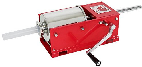 Beeketal 'MTH03' Profi Gastro Wurstfüllmaschine (3 Liter/horizontal) SGS-geprüft, Wurstfüller mit 2 Gang Vollmetall-Getriebe und Handkurbel, Gehäuse aus Stahl (rot lackiert), inkl. 4 Fülltüllen