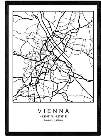 Nacnic Lámina Mapa de la Ciudad Vienna Estilo nordico en Blanco y Negro. Poster tamaño A3 Sin Marco Impreso Papel 250 gr. Cuadros, láminas y Posters para Salon y Dormitorio