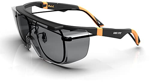 DEX FIT SG210 OTG │ Occhiali di sicurezza; protezione degli occhi Z87, anti-appannamento e antigraffio, regolabili, unisex, con protezione UV (montatura nera e arancione, lenti oscurati)