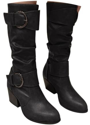 ticticlily Stivali Alti da Donna Invernali Moda Stivali da Equitazione Casual Comodi Tacco Piatto Scarpe in Pelle B Nero 42 EU