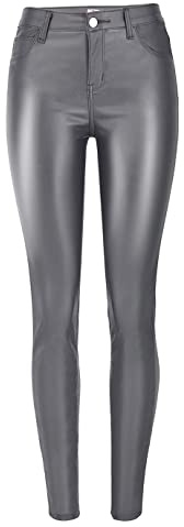 Dninmim Pantalon crayon gris taille haute en similicuir pour femme, gris, L