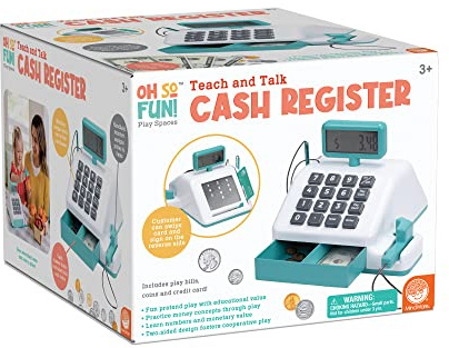 MindWare Oh So Fun! Cash Register with Double-Sided Teach and Talk Design, Scanner, Large Drawer & Play Money Accessories for Kids & Toddlers