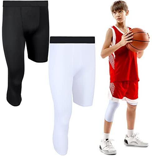 Hercicy 2 Packs Boys' Youth 3/4 One Leg Compression Tights Basketball Leg Sleeve Leggings Pants Athletic Base Layer