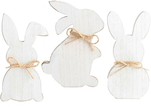 YIEUR 3 Stück Osterhase weiß Holz Aufsteller Osterhasen Figuren Deko, 17cm Osterdeko holz Wohnzimmer zum Hinstellen für Draußen Tischdeko Garten Deko (weiß)