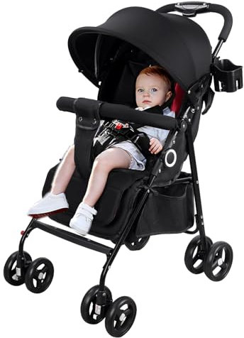 Vinteky Kinderwagen Buggy Kinderbuggy klappbar Sportwagen Faltbar 360° 4-Zoll-Räder,mit Liegefunktion, 5-Punkt-Sicherheitsgurt ab 6 Monate, Schwarz, Großer Korb, Schwarz