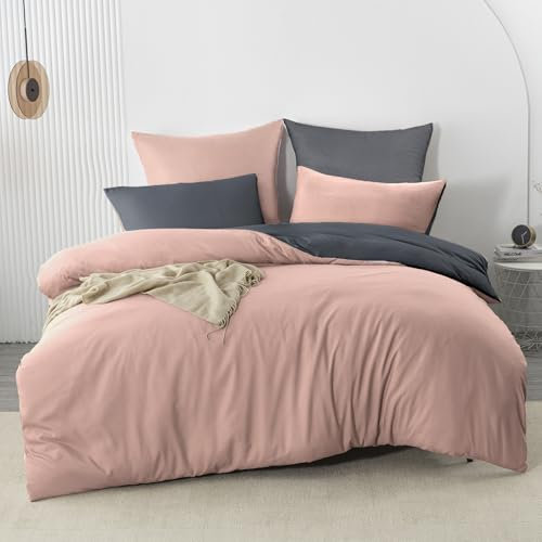 Nesture Juego de ropa de cama de 200 x 200 cm, 3 piezas, color rosa/antracita, reversible, microfibra, suave y no necesita planchado, 1 funda nórdica y 2 fundas de almohada de 80 x 80 cm con