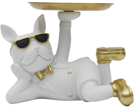 HOME DECO FACTORY, HD0155, White Bulldog dekorativ staty med tom hartsficka, modern och elegant design, funktionellt objekt för nycklar och tillbehör, vit och guld färg, en storlek