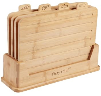 Fiery Chef large Bamboo Cutting Board Set of 4 - Wood Cutting Board Set with Holder, Chopping Boards Set with Food Icons, Juice Groove - Ideal for Meat, Fish, Bread, Vegetable, Fruit Chopping