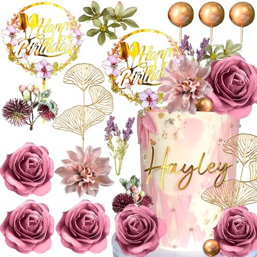 Flower Cake Decoration Rose Cake Topper Gold Balls for Birthday Cake Decorations Wedding Birthday Bridal Shower Anniversary