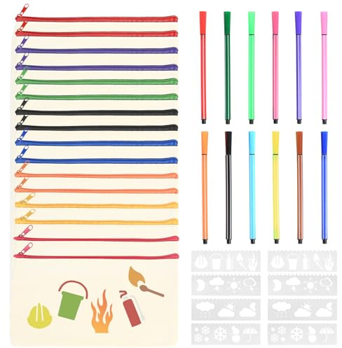 16 Pcs Estuche Tela de Lápices de Lona y Pinturas, Plumier Personalizado, Bolsas de Tela para Bricolaje, con 12 Bolígrafos y 8 Plantillas de Dibujo