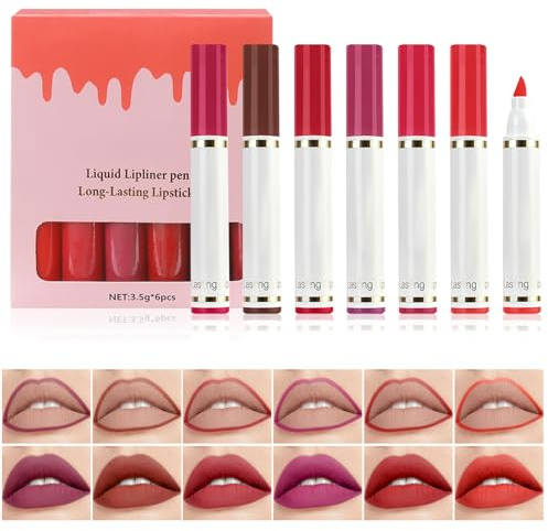 Prreal 6 Colors Lip Stain Marker Liner Pen Set, Matte Lip Tint LipLiner Marker Pencil Kit, Highly Pigmented Liquid Lipstick Long Lasting Keep For 24 Hours Non-sticky Women Makeup