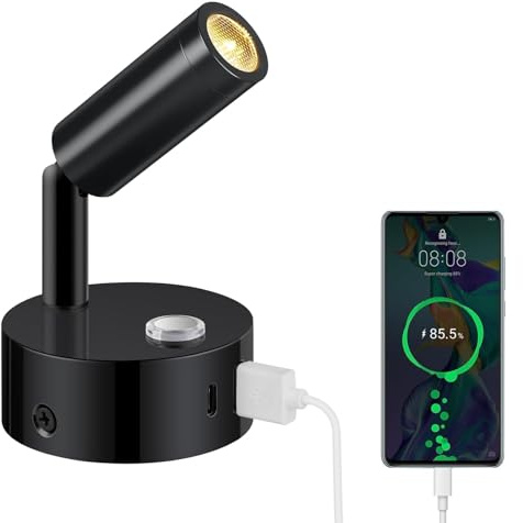 ERWEY 12V läslampa husbil, LED-vägglampa sänglampa med strömbrytare dimbar 3000K-6000K, DC 12V-24V spotbelysning för husbil med USB A + C-anslutningar för båt, husbil och husvagn,svart