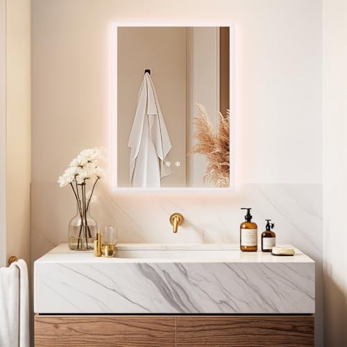LUVODI Miroir Salle de Bain avec Éclairage 70x50 cm : Miroirs LED Rétroéclairé Anti-Buée, Luminosité Dimmable et 3 Couleurs Réglables, Fonction Mémoire, Verre HD, Étanche IP66, Température 3000K-6000K