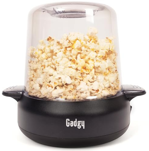 Gadgy Macchina per popcorn Premium – Macchina per popcorn elettrica con funzione di agitazione, piastra antiaderente e coperchio – 5 minuti – Funzione di fusione burro – Design nero opaco