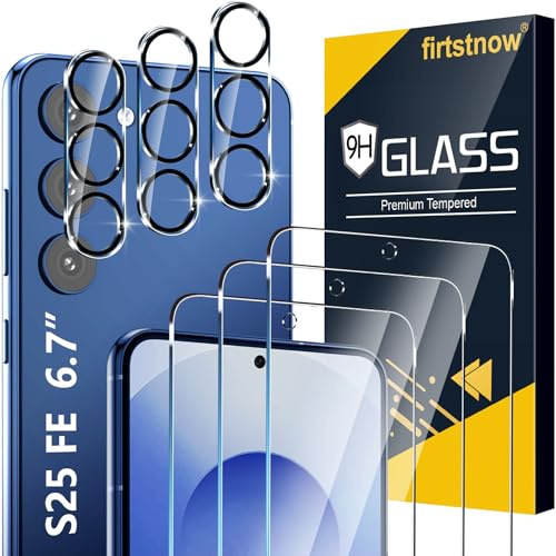 firtstnow 3 Pack for Samsung Galaxy S25 FE Screen Protector Tempered Glass + 3 Pack Camera Lens Protector, Military Grade Shatterproof, 9H Hardness, Fingerprint Unlock, Case Friendly 6.7 Inch