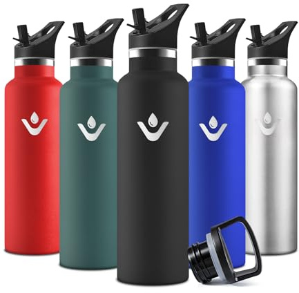 Motswedi Borraccia Termica, 500 ml Senza BPA, Borracce Bambini, Bottiglia Acqua Con Cannuccia e 2 Coperchi, Borraccia Acciaio, 18/8 Acciaio Inossidabile, Borracce per Scuola, Pilates - Nero