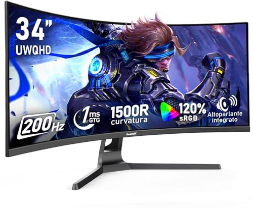 Gawfolk Monitor Ultrawide Da 34 Pollici 1500R Curvo 200Hz Monitor Per Computer Da Gioco, 21:9 UWQHD (3440x1440),128% sRGB,Adaptive Sync,Altoparlante integrato,HDMI、Display Port,VESA75×75MM - Nero