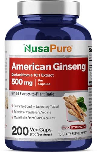 NusaPure American Ginseng Capsules, 500 mg, 200 Veg Capsules (Non-GMO, Vegan)