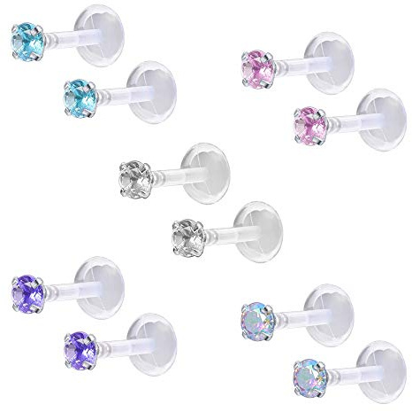 ZS 10-12Pcs 16G Clear Bioflex CZ Stone Labret Monroe Lip Ring Helix Tragus Cartilage Earrings Stud Piercing (10pcs (3mm cz))