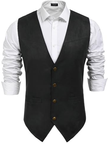 COOFANDY Men's Suede Leather Cowboy Vest Casual Western Wedding Vest Jacket Slim Fit Waistcoat