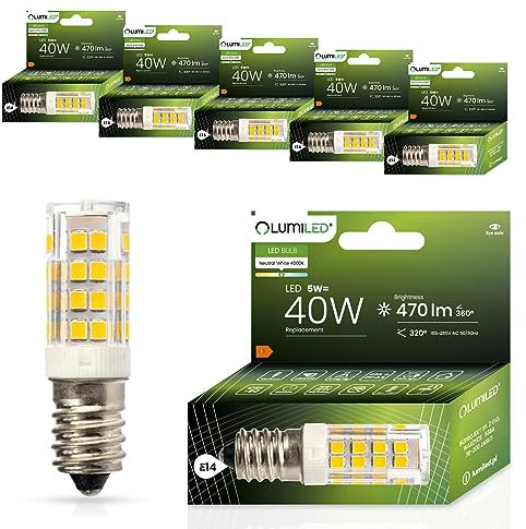 Lumiled LED Lampen E14 T25 6er Set Leuchtmittel 5W 4000K Neutralweiß 470lm 320° Lichtwinkel 230V Kühlschranklampe Glühbirne Kühlschrank Backofen Haube