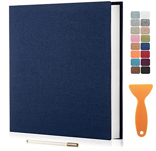 HenPisen Large Photo Album Self Adhesive Scrapbook Album for 4×6 5×7 8×10 Pictures DIY Magnetic Linen Cover Album 40 Pages for Family Wedding Gifts with Metal Pen and Plastic Board Dark Blue