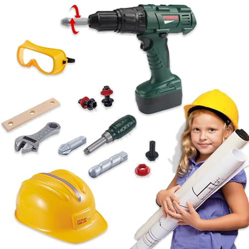 Sobebear Kids Electric Drill Toy and Safety Helmet, Kids Tool Set, Pretend Construction Role Play Kit with Drill, Wrench, Pliers, Nuts, Bolts, Screwdriver and Tool for Boys and Girls Age 3+