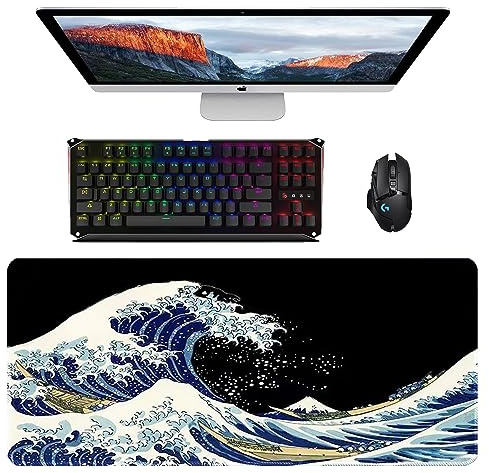 Naapesi Large Gaming Mouse Pad, XXL Mouse Mat, Anti-Slip Rubber Base Keyboard Pad Table Mat, Wave Computer Keyboard Desk Mat for Gamer Office Home MacBook PC Laptop Desk, 900 * 400 * 3 mm (L-194)