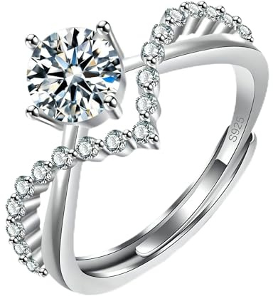 BORUO 925 Sterling Silver Adjustable Stackable Ring Sets Around Band Engagement Ring Set with Round Elements Cubic Zirconia