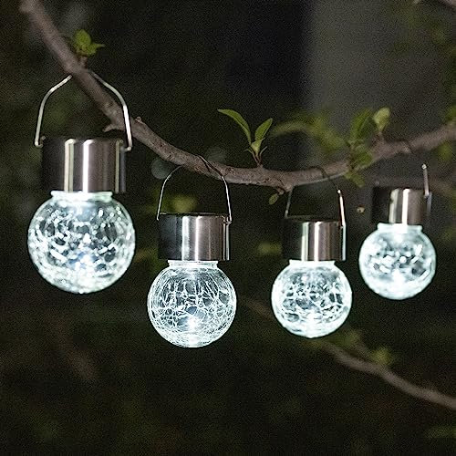 GIGALUMI 4 Pack Hanging Solar Lights, White LED Solar Crackle Globe Hanging Lights Waterproof Outdoor Lanterns with Handle for Garden, Yard, Patio, Lawn