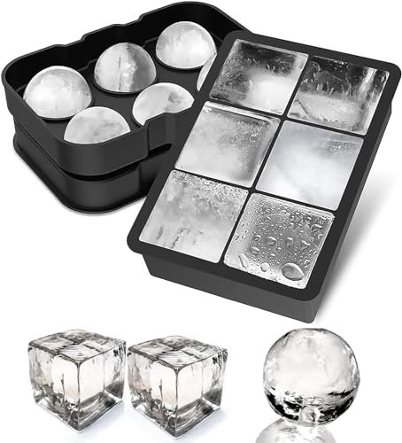 Silicone Ice Cube Trays(Set of 2), LLarge Square Ice Cube Tray and Sphere Ice Ball with Funnel, Easy to Pop Out Reusable BPA Free Prefect for for Whiskey, Cocktails Homemade
