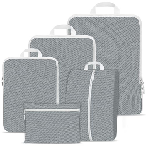 Compression Packing Cubes for Suitcases,Suitcase Organiser Bags,Travel Packing Cubes Compression Set for Backpack,Packing Organisers,Waterproof Travel Organiser Packing Bags (Grey, 5 Pack)