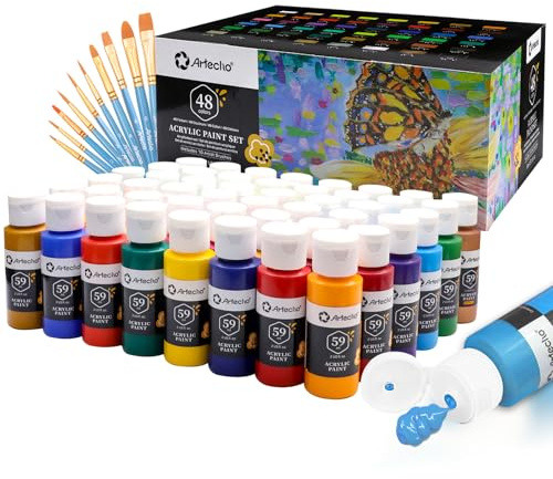 Artecho Ensemble de peinture acrylique 48 couleurs de 59 ml avec 10 pinceaux, fournitures de base de peinture acrylique pour bois, tissu, artisanat, toile, cuir et pierre