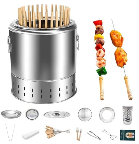 Rökfri kol Rökare Barrel Grill Vertikal Barbeque Hängande Spis Rostfri Stål Split Ugn med Kabob Grillspett 360° All Round Grillning Grill för Camping