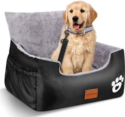 Hunde Autositz, 55x30x30cm, 1 Ansteckbare, Verstellbare Sicherheitsleinen, Auto-Hundebett für kleine Hunde, komplett Abnehmbarer und Waschbarer Autositz für Haustiere mit 2 Aufbewahrungs