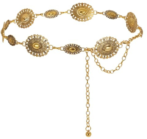 JASGOOD Western Metal Concho Belt for Women Cowgirl Waist Chain for Women Dress Pants,Retro Gold