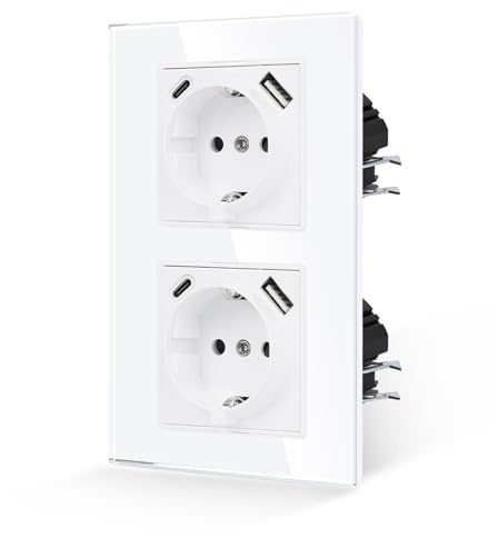 JIMEIDA Double prises avec USB encastrées en verre blanc 16 A avec port USB A et type C max 2,1 A, 157 x 86 mm, 250 V (peut être installé uniquement verticalement)