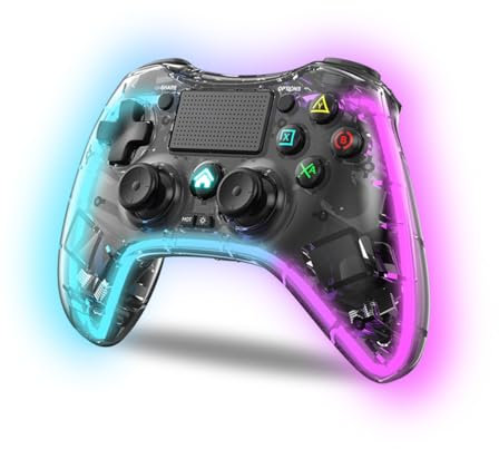 NK Controller für PS4 / PC/Android - Wireless Controller mit 2-Shock, 6 Achsen, 2 MACRO-Tasten, 7 LED-Lichtmodi, Touchpad, Kopfhöreranschluss, Ladekabel inklusive - Transparent Schwarz