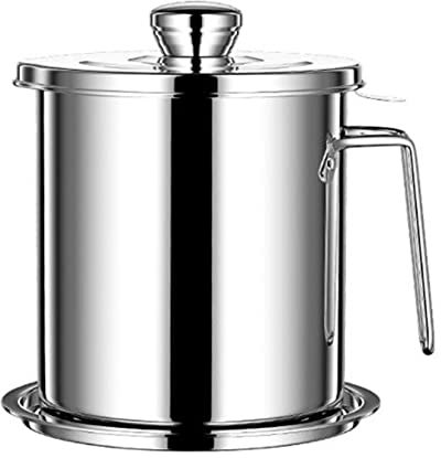 KTREZ Barattolo grasso per pancetta in acciaio inox 304, separatore di grasso, con coperchio antipolvere, piastra antiscivolo, per olio con colino, per cucina o olio per friggere, colore: argento, 1,5