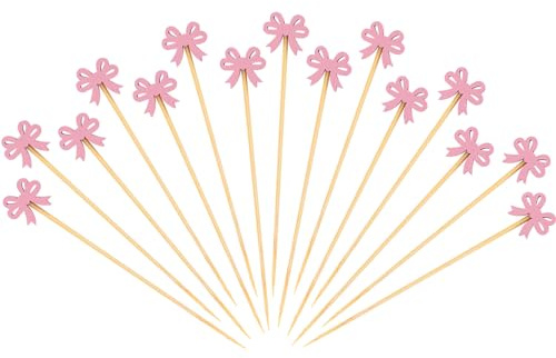 BOXOB 100uds Palillos Cóctel Lazo Rosa, 12,5cm Palillos Coquette Palitos Madera Alimentos Topper Cóctel Lazo Brochetas Aperitivo para Fruta Bebida Postre Boda Fiesta Despedida Soltera