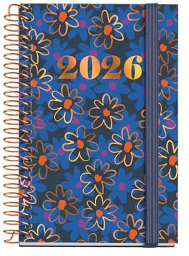 Miquelrius - Veckovisningskalender 2026, liten och bärbar (80 x 120 mm), veckoplanering, hårt kartongomslag, spiral, elastisk gummiförslutning, papper 80 g/m², ES-EN-PT, Daisies