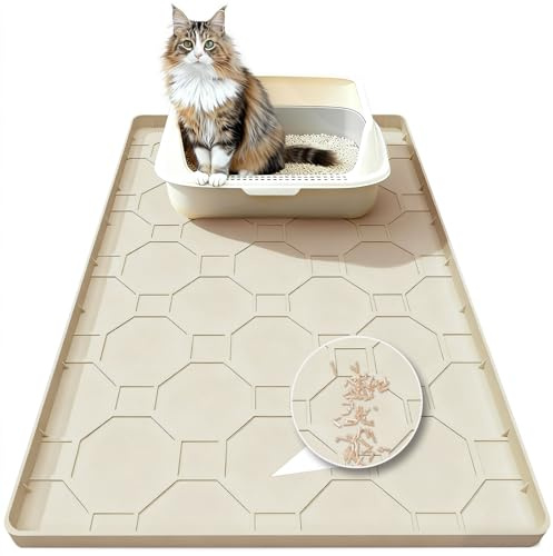 Large Cat Litter Mat 86 X 66 Cm, Raised Edge, Spill-proof, Beige