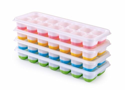 Stampo per cubetti di ghiaccio in silicone con coperchio, senza BPA, 4 contenitori per cubetti di ghiaccio, impilabili, sicuri e sani per porridge, cocktail, whiskey caffè (blu, verde, rosa, giallo)