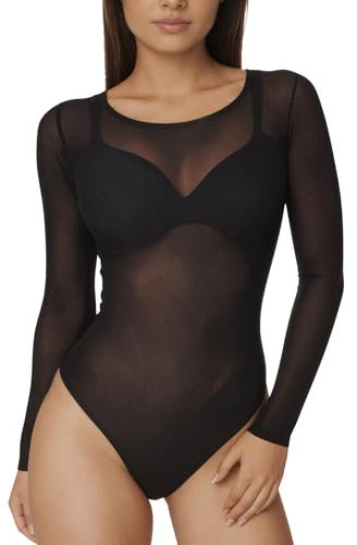 UDILEO Body Donna Manica Lunga Trasparente Velato Girocollo Top Aderente Elasticizzato Sottogiacca Elegantezzato sottogiacca elegante (NERO, L/XL)