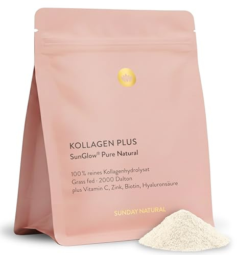 SUNDAY NATURAL® Kollagen Pulver SunGlow® Plus – 457g – Premium Collagen Pulver mit Hyaluron, Vitamin C, Biotin & Zink – Bioaktives Kollagen Hydrolysat – Hergestellt aus Kollagen Typ 1 & 3 – Neutral