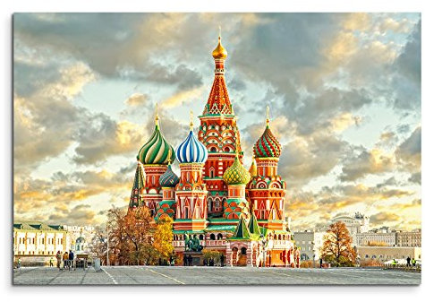 120x80cm Leinwandbild auf Keilrahmen Russland Moskau Basilius Kathedrale Wolkenhimmel Wandbild auf Leinwand als Panorama