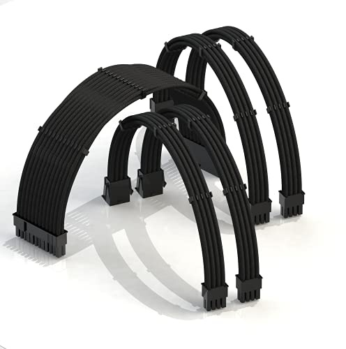 LINKUP - AVA 30cm PSU Cable Extension Sleeved Custom Mod GPU PC Braided w/Comb Kit | 1 x 24 P (20+4) | 2 x 8 P (4+4) CPU | 2 x 8 P (6+2) GPU set | 300mm - Black
