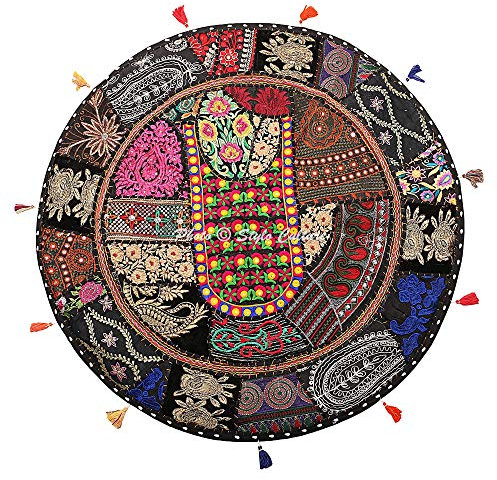 Stylo Culture Indisch Dekorativ Rund Bodenkissenbezug Boho 70 x 70 cm Groß Meditationskissen Vintage Schwarz Bohemien Patchwork Sitzsack Sitzkissen Baumwolle Bestickt Bodenkissen Ethno